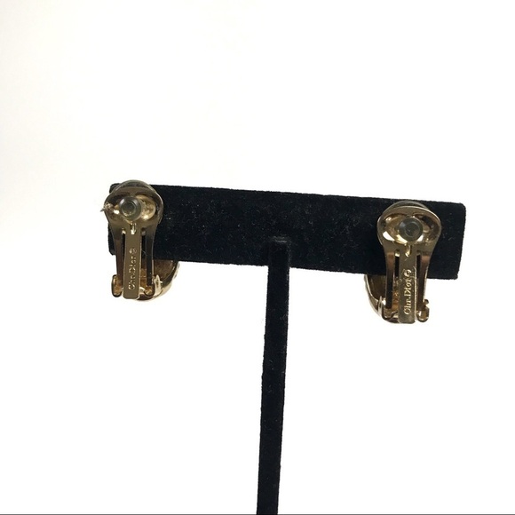 Vintage Christian Dior Half Hoop Enamel Crystal Clip On Earrings - Picture 5 of 8
